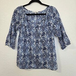 Milly‎ Geometric V neck Blouse Top XS Blue White Print 3/4 Sleeve